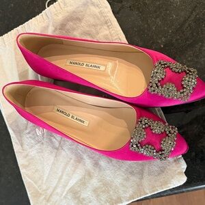Manolo Blahnik Hot Pink Satin Crystal-Embellished Pointed Flats